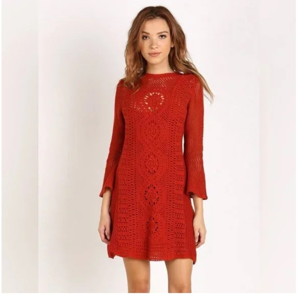 Free People Rosalind Burnt Orange Crochet Long Sleeve Dress Size Small - Picture 2 of 8